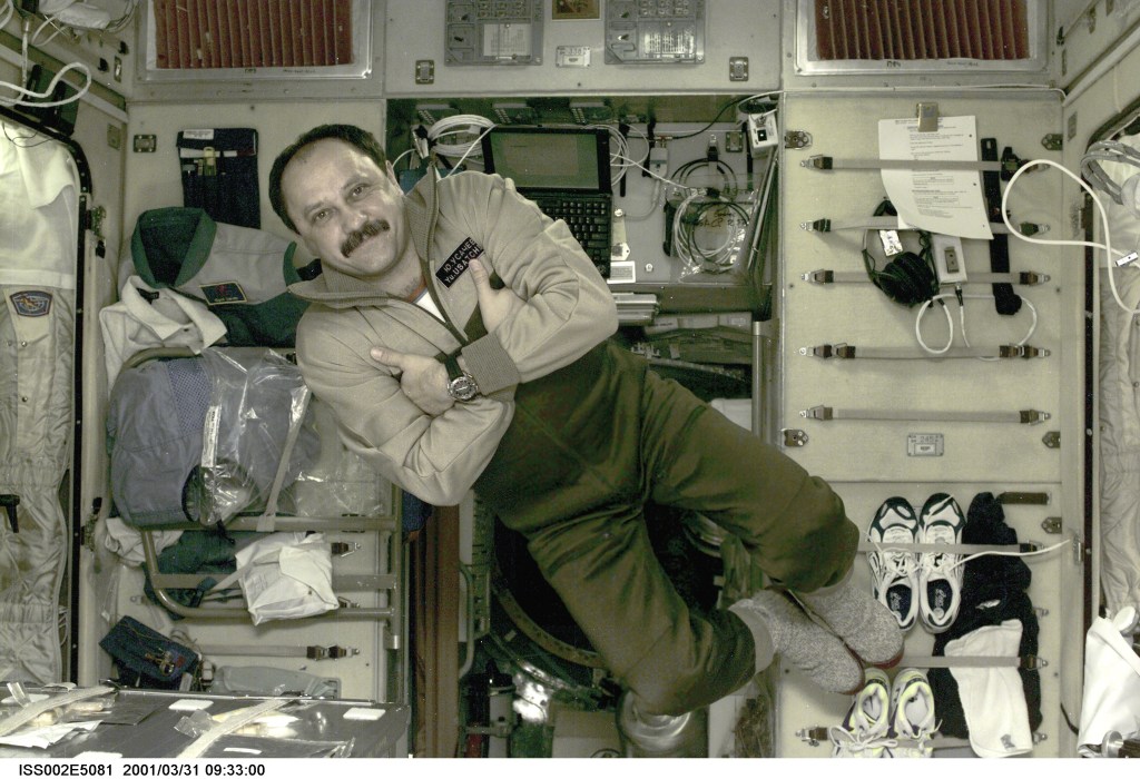 Cosmonaut Yury V. Usachev, Expedition Two commander, floats in the Zvezda Service Module onboard the International Space Station (ISS). Usachev, representing Rosaviakosmos, and two American astronauts recently replaced the Expedition One crew on the orbital outpost after that threesome had been onboard since early November 2000. The image was recorded with a digital still camera.
