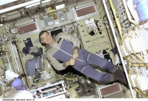 Astronaut James S. Voss, Expedition Two flight engineer, floats in the Zvezda Service Module onboard the International Space Station (ISS). Voss, along with astronaut Susan J. Helms and cosmonaut Yury V. Usachev of Rosaviakosmos, recently replaced the initial three-member crew onboard the orbital outpost. The image was taken with a digital still camera.