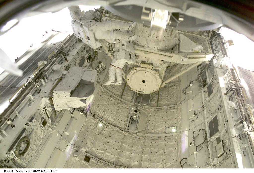 Astronauts Thomas D. Jones (red stripes on suit pants)and Robert L. Curbeam, STS-98 mission specialists, are pictured in the cargo bay of the Space Shuttle Atlantis during their third space walk, as photographed with a digital still camera from the International Space Station's new Destiny laboratory.