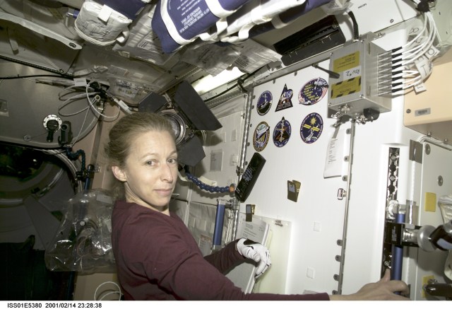 Astronaut Marsha S. Ivins, STS-98 mission specialist, is pictured at the area on the Unity node where STS visitors to the station are recognized with the placement of mission insignias.