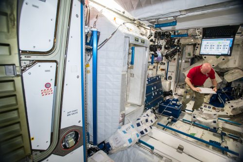 Scott Kelly collecting microbial samples aboard the ISS
