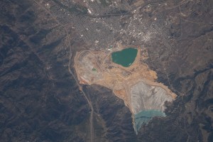 The city of Butte, Montana, next to the Berkeley Pit and Yankee Doodle Tailings Pond, is pictured from the International Space Station as it orbited 265 miles above the Big Sky Country state.