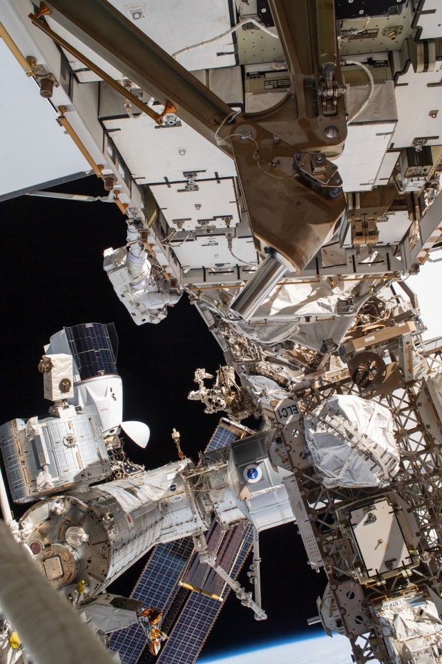 NASA astronaut and Expedition 70 Flight Engineer Loral O'Hara is pictured (center left) tethered to the International Space Station's port truss structure during a spacewalk to replace one of the 12 trundle bearing assemblies on the port solar alpha rotary joint, which allows the arrays to track the Sun and generate electricity to power the station. Behind O'Hara is the SpaceX Dragon Endurance spacecraft that delivered four SpaceX Crew-7 crew members to the orbital lab on Aug. 23, 2023.