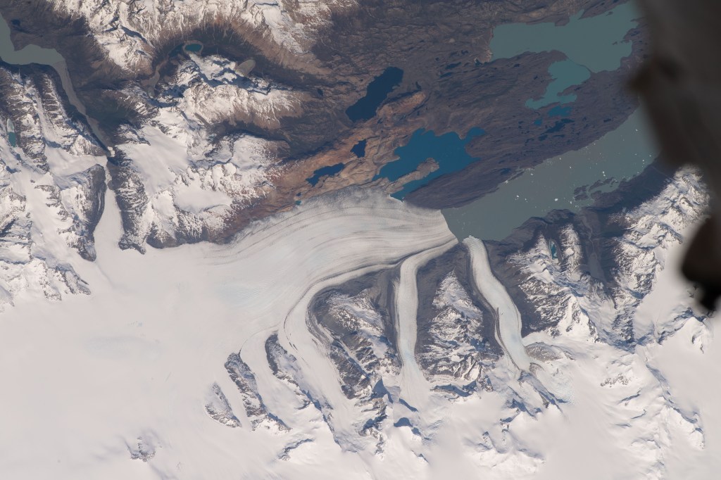 Upsala Glacier, in between Chile and Argentina, flows into Lago Argentina in this photograph from the International Space Station as it orbited 270 miles above.