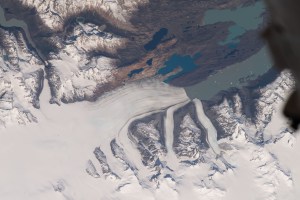 Upsala Glacier, in between Chile and Argentina, flows into Lago Argentina in this photograph from the International Space Station as it orbited 270 miles above.