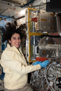 NASA astronaut and Expedition 70 Flight Engineer Jasmin Moghbeli sets up research hardware for the Cell Gravisensing-2 study to learn how cells respond to the lack of gravity promoting space biology and improving treatments for ailments on Earth.