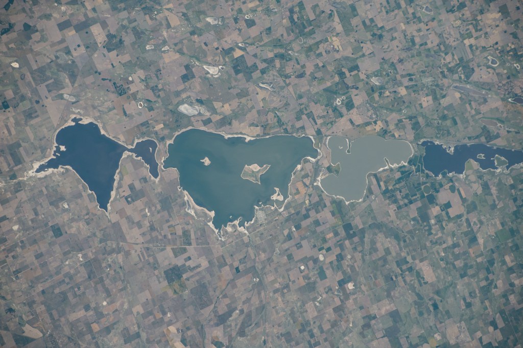 Four lakes in the Argentinian province of Buenos Aires are pictured from the International Space Station as it orbited 268 miles above the South American nation. From left, in Argentina's fertile Pampas region are Lagunas del Venado, del Monte, Cochico, and Alsina.