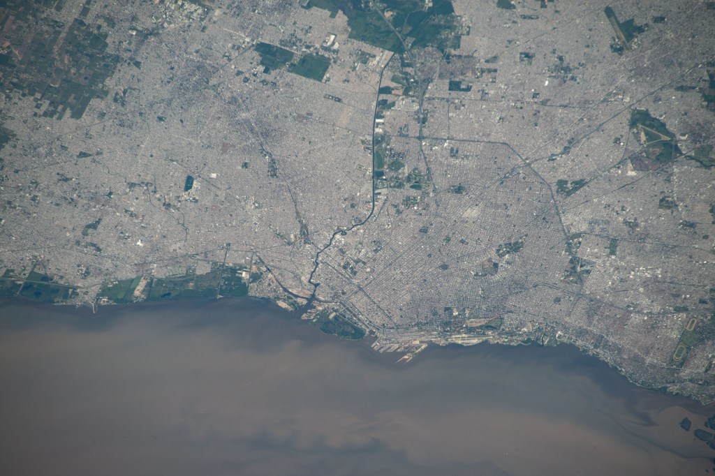 Buenos Aires, Argentina, and its surrounding suburbs on the Rio de la Plata, are pictured from the International Space Station as it orbited 266 miles above the South American nation.