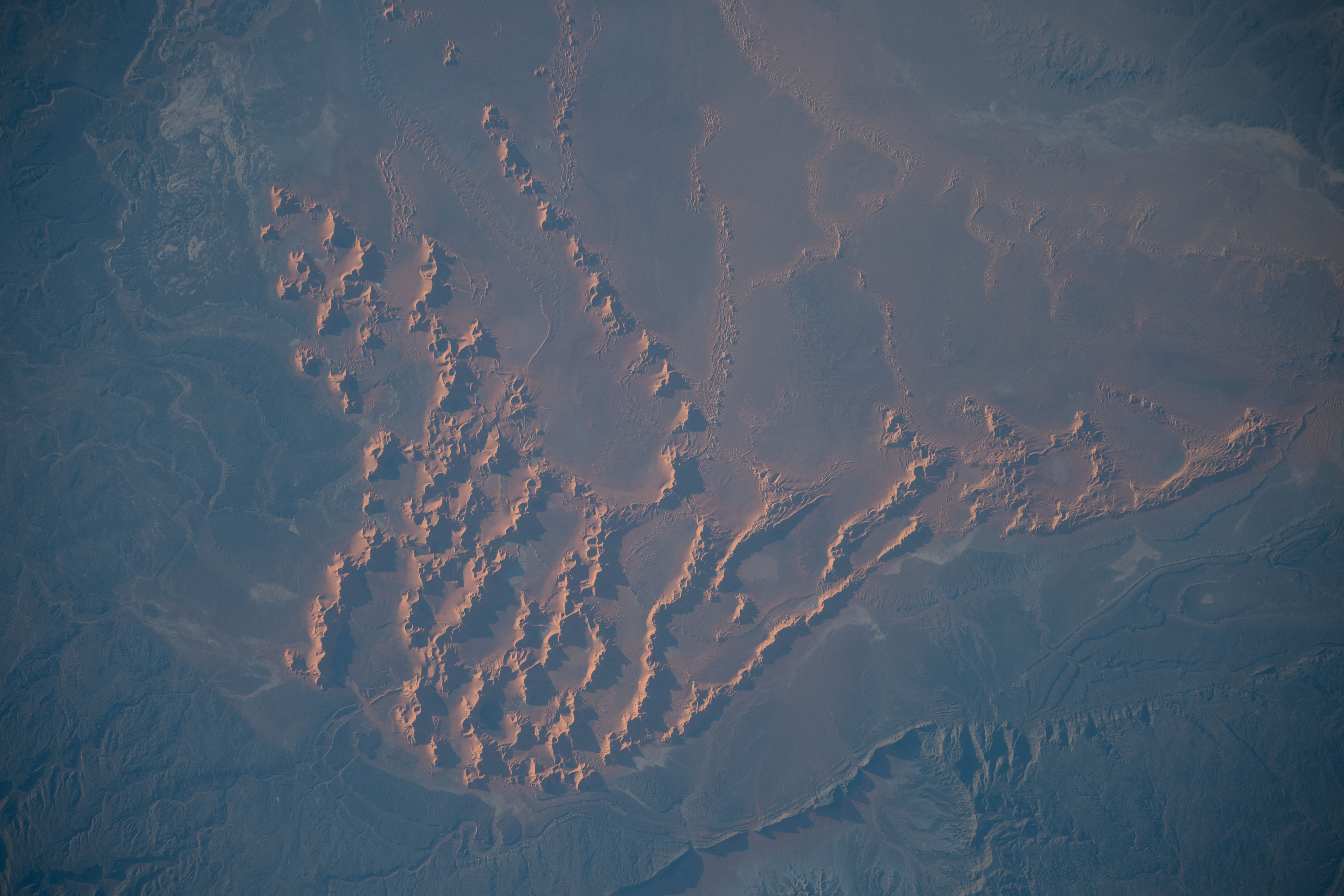 Sand dunes and massifs in the Algerian Desert are pictured from the International Space Station as it orbited 260 miles above the north African nation.