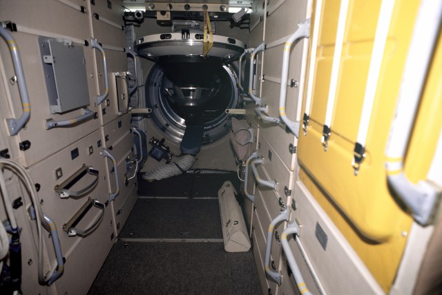An interior shot of the Zarya Functional Cargo Bay (FGB) trainer/mockup at the Gagarin Cosmonaut Training Center in Russia. This photo was taken prior to a training session by the Expedition 1 crew.