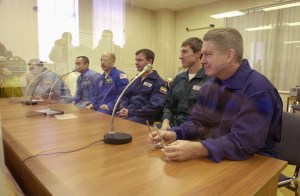 From left, Vladimir N. Dezhurov, Mikhail Turin, Kenneth D. Bowersox, Yuri P. Gidzenko, Sergei K. Krikalev and William M. (Bill) Shepherd, the backup and prime crew members for Expedition 1, during conference prior to simulation at Baikonur complex in Kazakhstan.