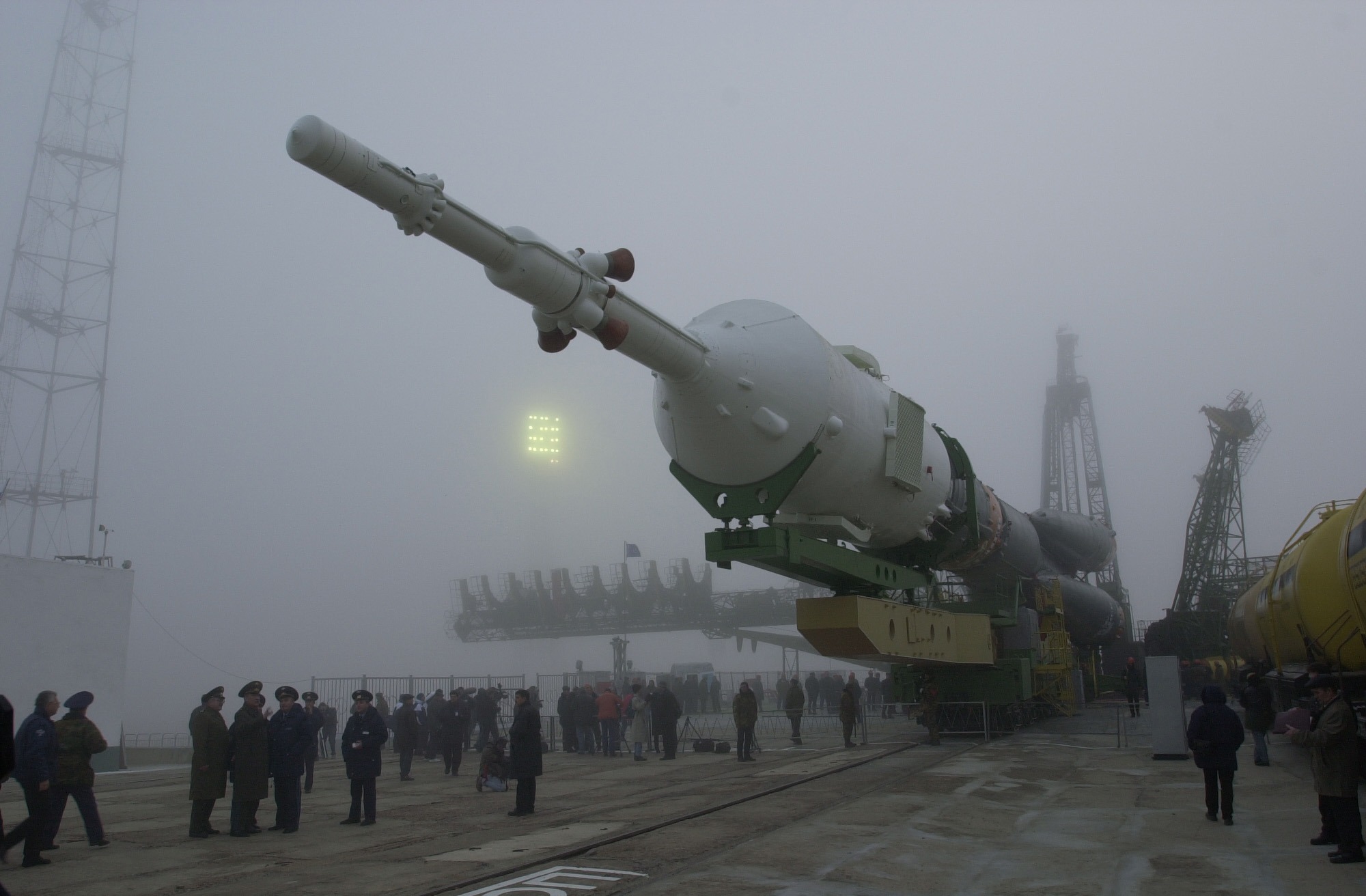 The Soyuz rocket moves toward the launch pad at the Baikonur complex in Kazakhstan.