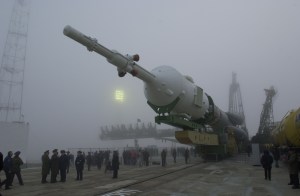 The Soyuz rocket moves toward the launch pad at the Baikonur complex in Kazakhstan.