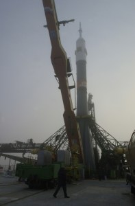 Giant machinery at the launch pad at Baikonur works to position the Soyuz rocket in readiness for the Expedition 1 crew's launch in two days.