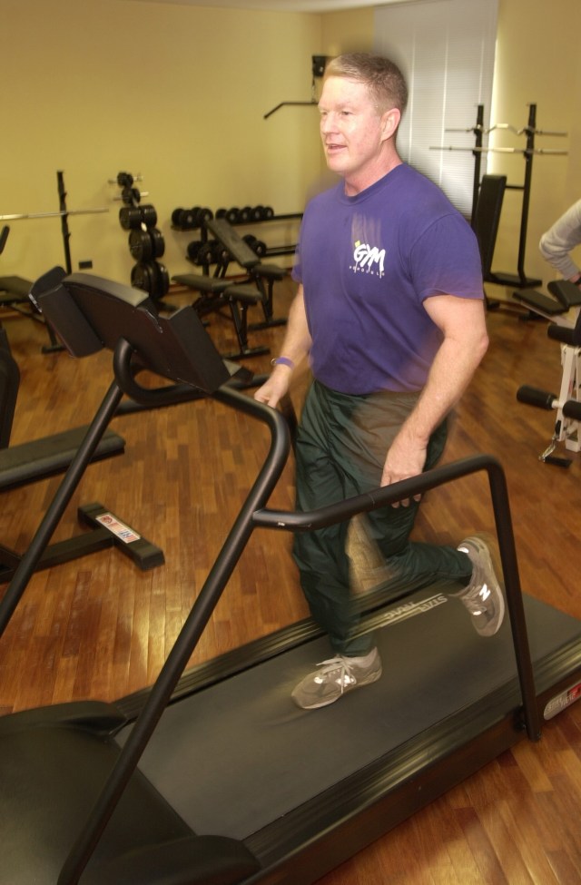 Just two days away from his scheduled launch aboard a Soyuz spacecraft from Kazakhstan, astronaut William M. (Bill) Shepherd exercises on a treadmill device.