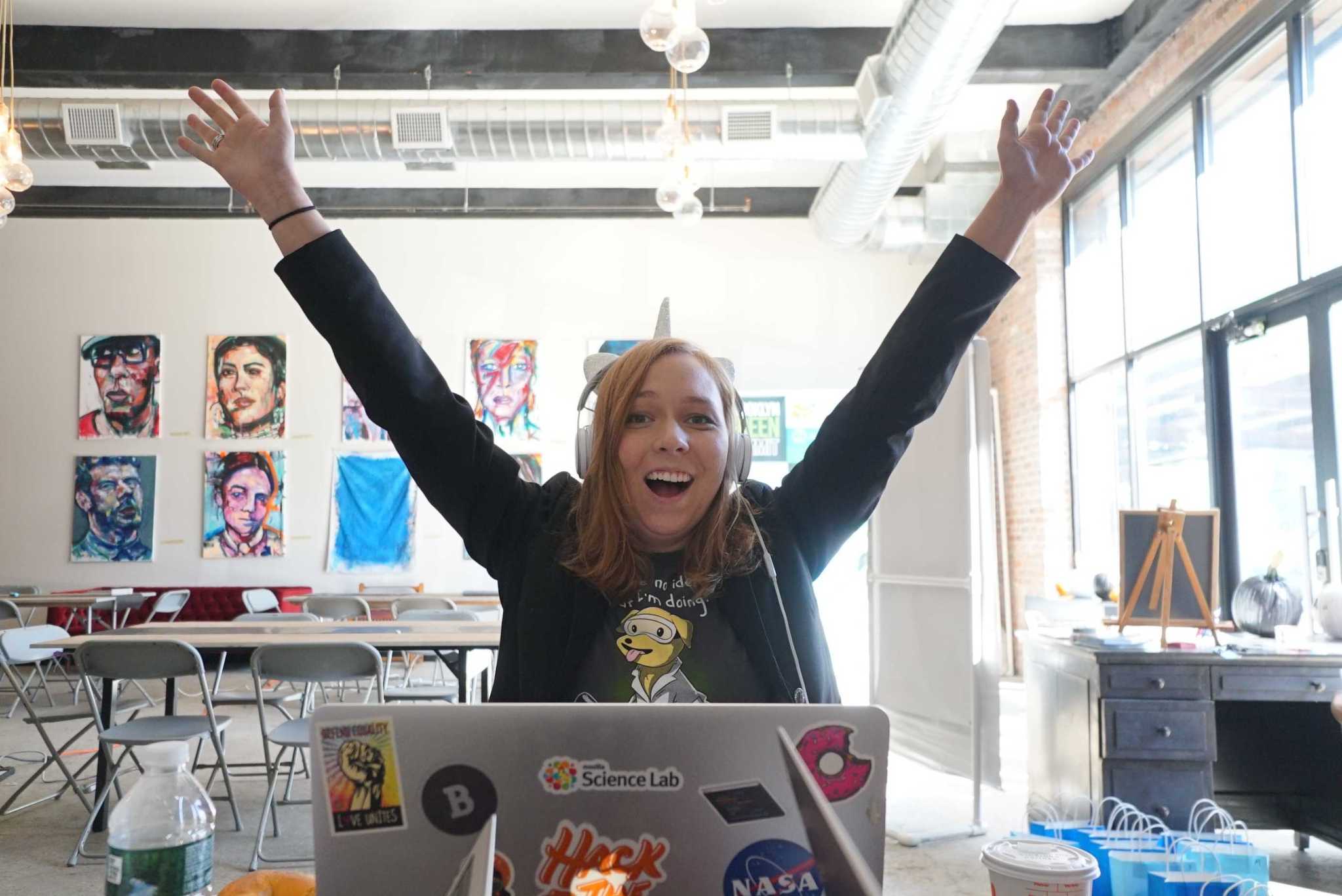 Space Apps volunteer Katelyn Hertel at a Space Apps event in October 2019. She volunteered as an ambassador for the COVID-19 Challenge.