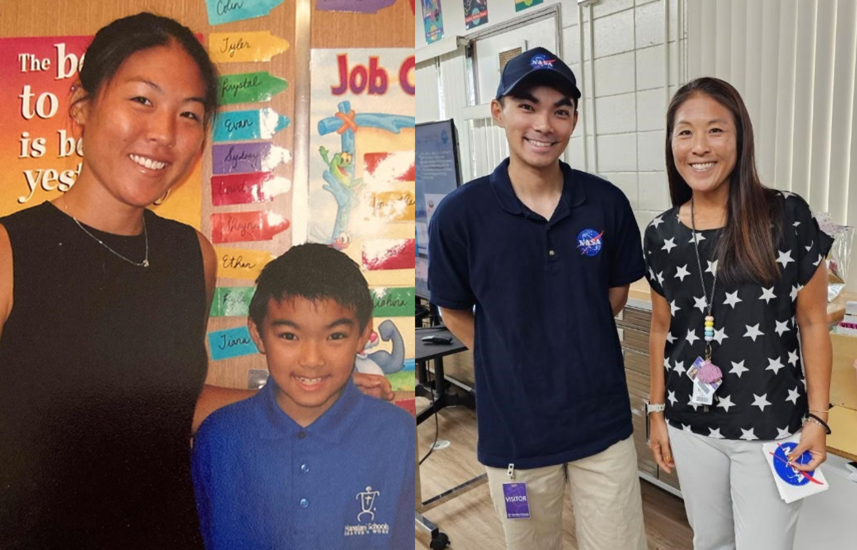 Side-by-side photos of a teacher with a young student and the same teacher with the same student who has grown up.