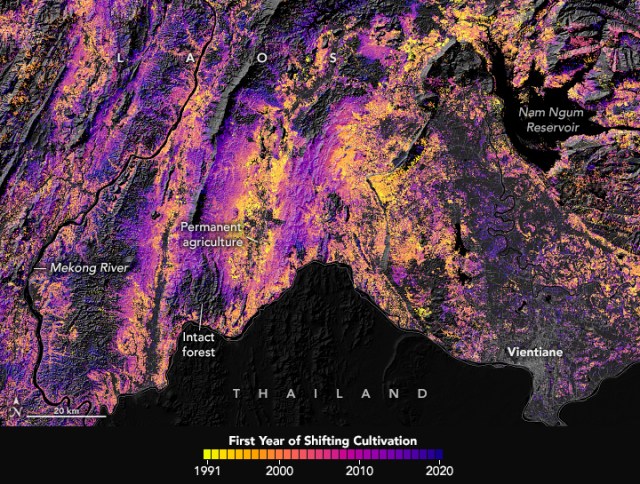 Satellite visualization of shifting land use over 40 years in East Asia.