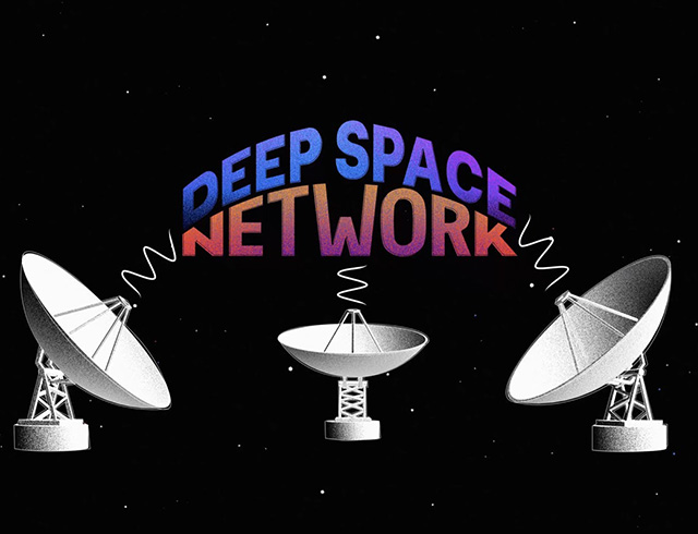 Illustration of three large dish antennas sending wave signals toward the title “Deep Space Network”