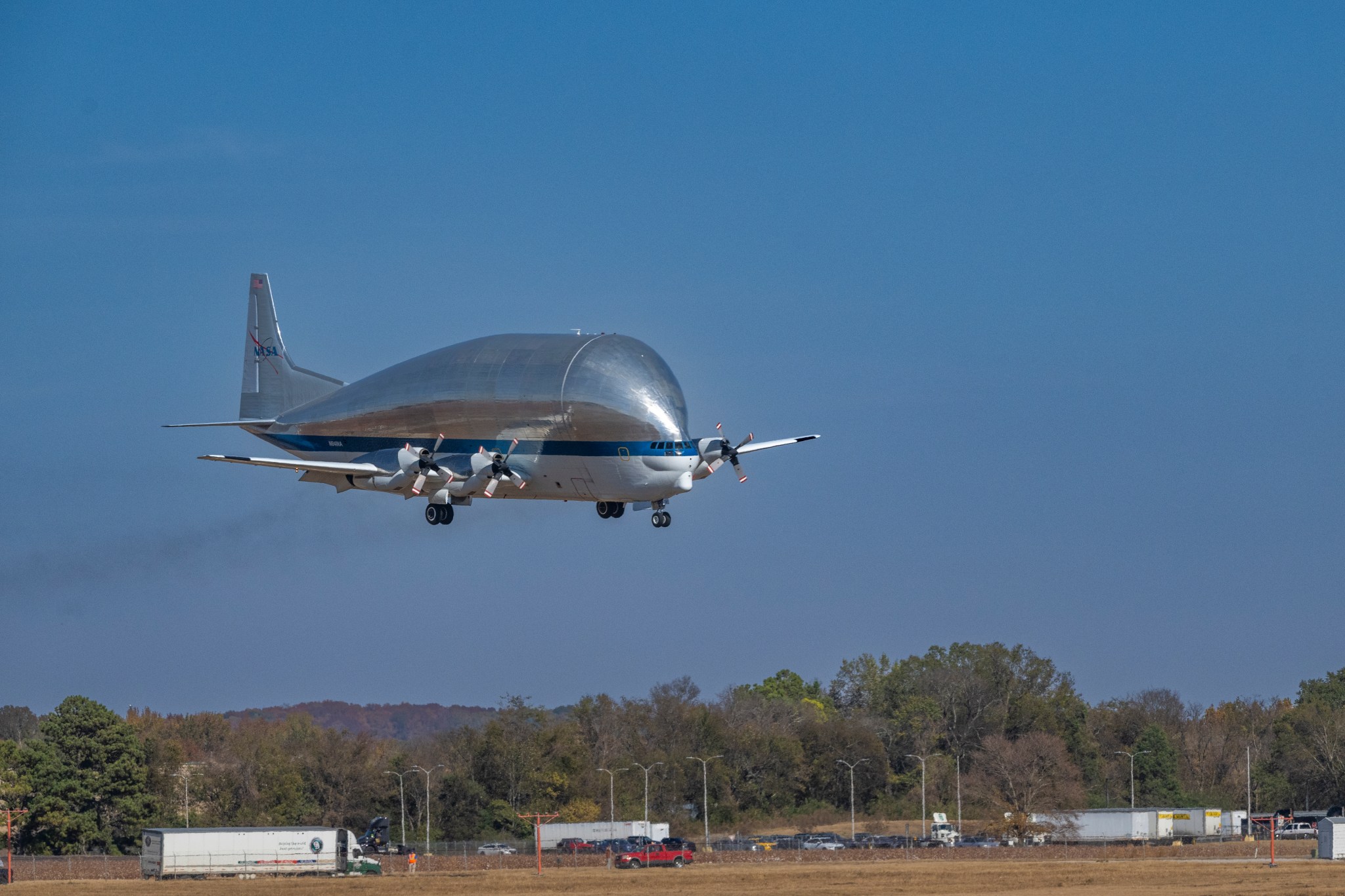The large super guppy plane flies into Huntsville, Alabama for a landing.