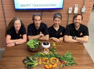 The CHAPEA crew celebrates Thanksgiving inside their simulated Mars habitat. From left is Kelly Haston, Ross Brockwell, Anca Selariu, and Nathan Jones.