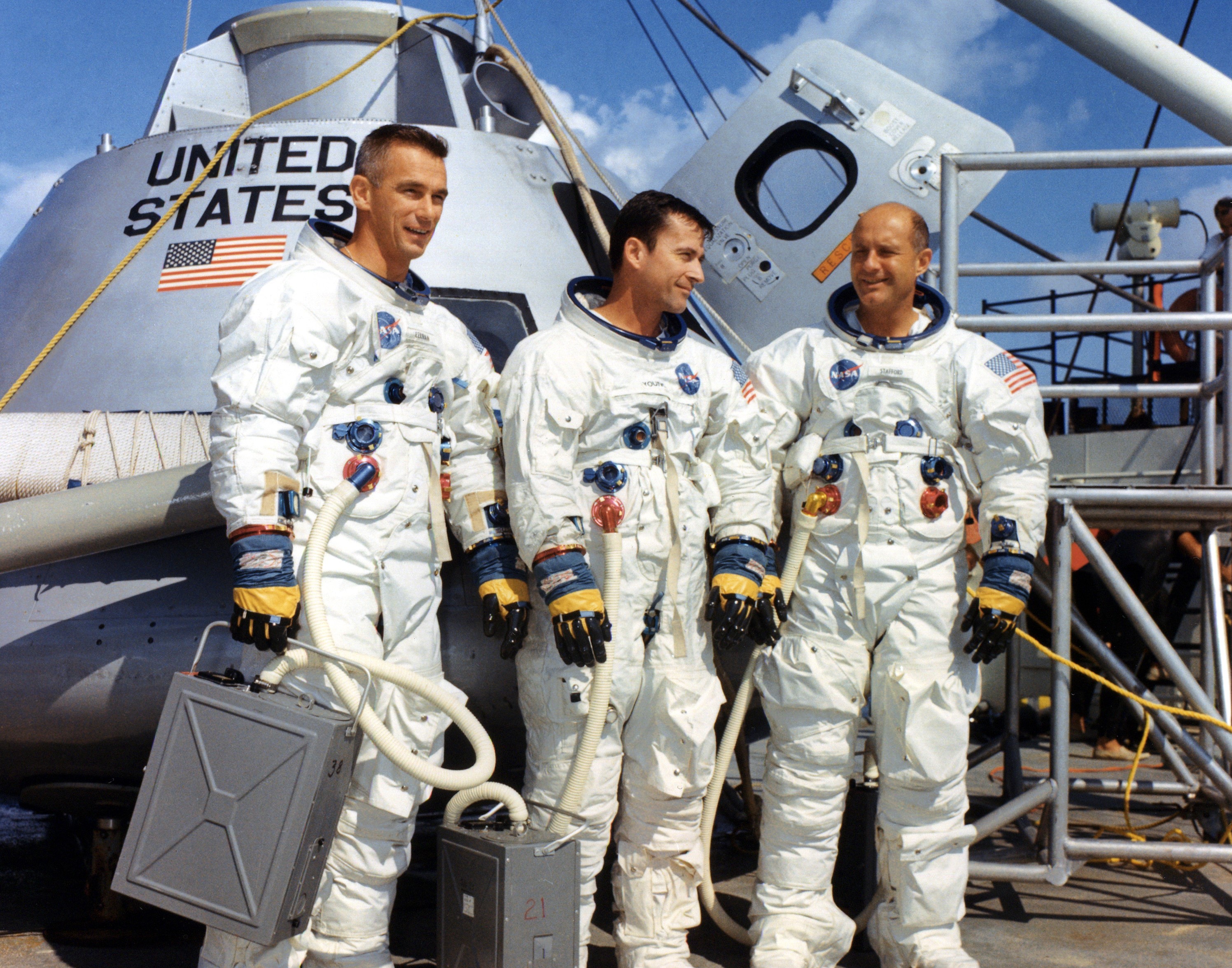 Photo of The Apollo 10 prime crew of Eugene A. Cernan, left, John W. Young, and Thomas P. Stafford