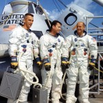 Photo of The Apollo 10 prime crew of Eugene A. Cernan, left, John W. Young, and Thomas P. Stafford