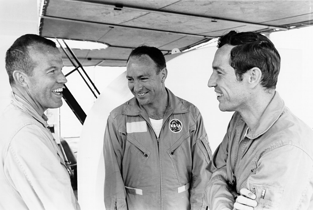 Photo of the Apollo 10 backup crew of L. Gordon Cooper, Edgar D. Mitchell, and Donn F. Eisele