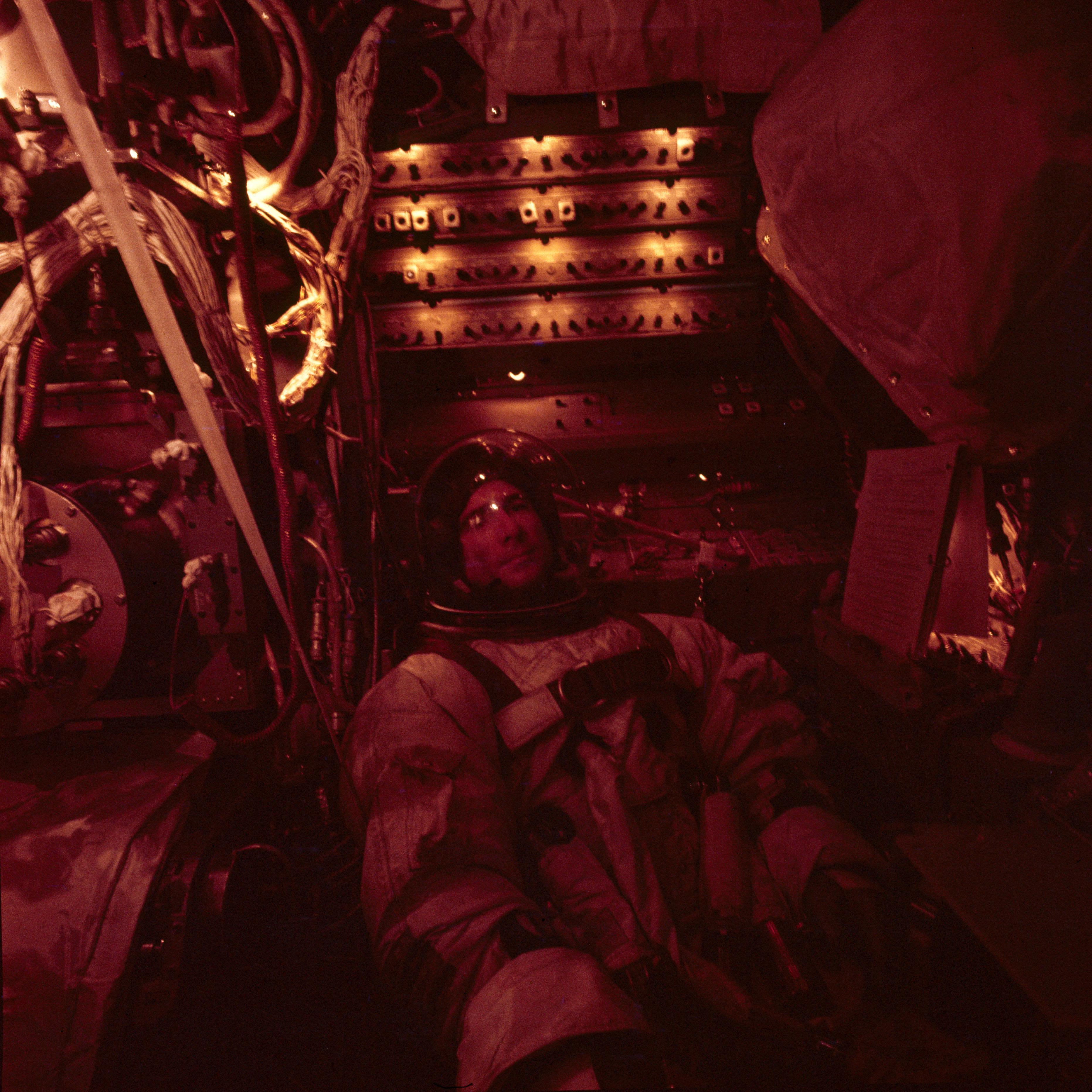 Astronaut James B. Irwin inside LTA-8 during one of the altitude runs