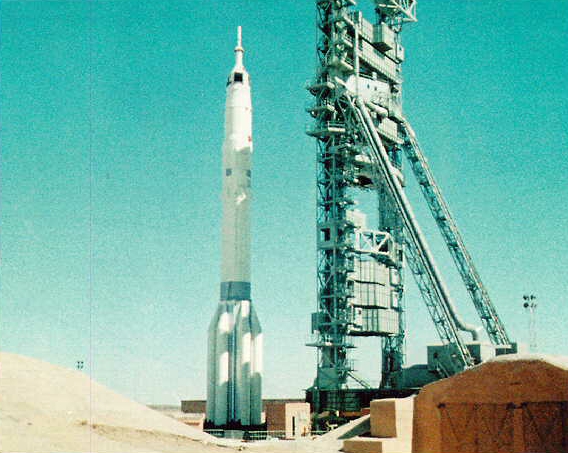 A Proton rocket with a Zond spacecraft on the launch pad at the Baikonur Cosmodrome