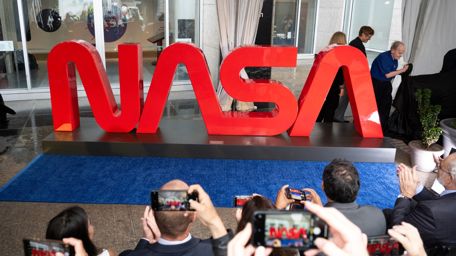 The red NASA worm sign outside NASA Headquarters in Washington