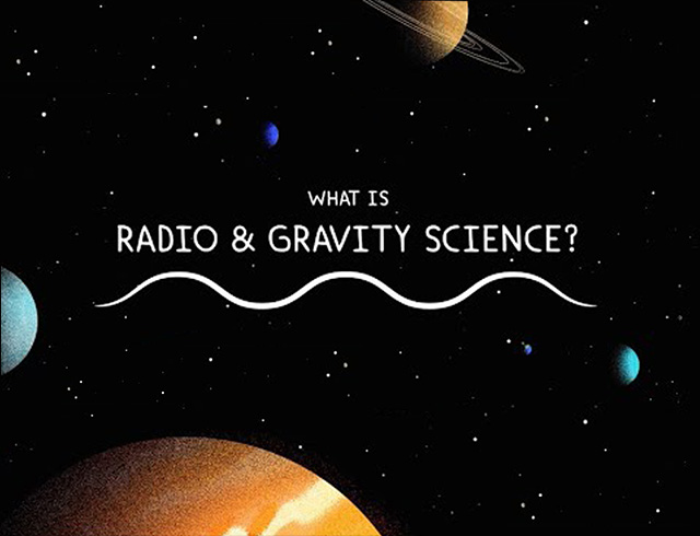 Illustration of a wave traveling through space with various planets in the foreground and background, with the title “What Is Radio & Gravity Science?”