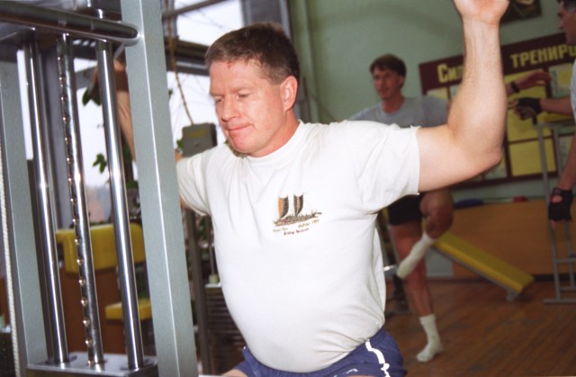 Astronaut William M. Shepherd, Expedition 1 commander, works out in a gymnasium at the Gagarin Cosmonaut Training Center in Russia. The crew has been in training for the mission since late 1996 with training segments held in both the United States and Russia.