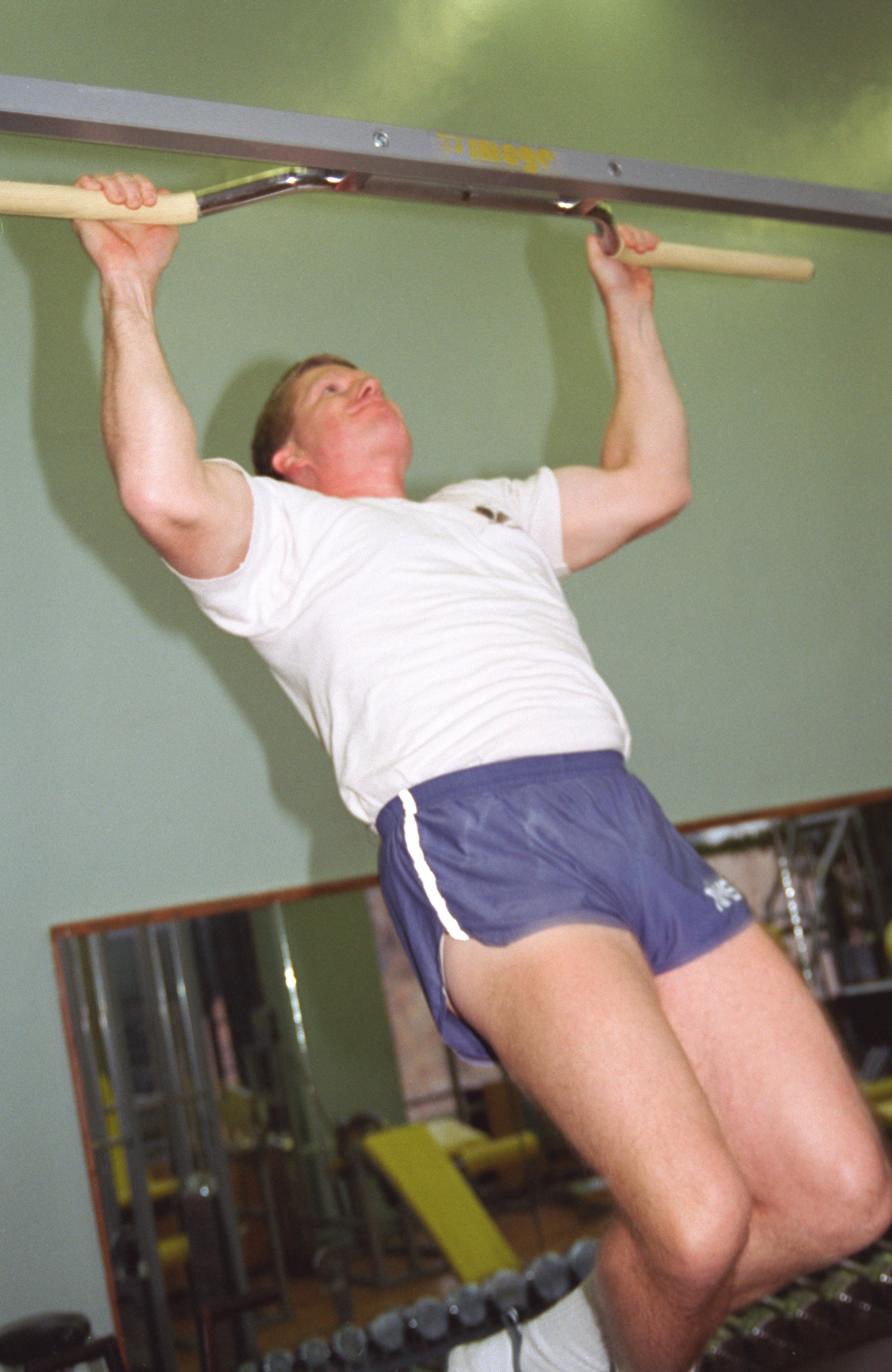 Astronaut William M. Shepherd, Expedition 1 commander, works out in a gymnasium at the Gagarin Cosmonaut Training Center in Russia. The crew has been in training for the mission since late 1996 with training segments held in both the United States and Russia.