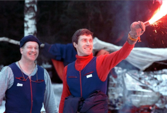 Astronaut Bill Shepherd, left, commander of the first crew that will live aboard the International Space Station, and Cosmonaut Sergei Krikalev, flight engineer for the first station crew, participate in Soyuz winter survival training in March 1998 near Star City, Russia. Also on the first crew is Soyuz Commander Yuri Gidzenko, a cosmonaut.