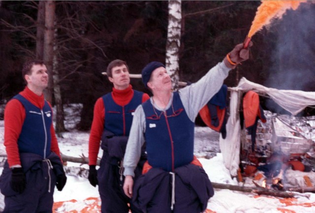Members of the first International Space Station crew, from left, Soyuz Commander Yuri Gidzenko, Flight Engineer Sergei Krikalev, and Commander Bill Shepherd, participate in Soyuz winter survival training in March 1998 near Star City, Russia.