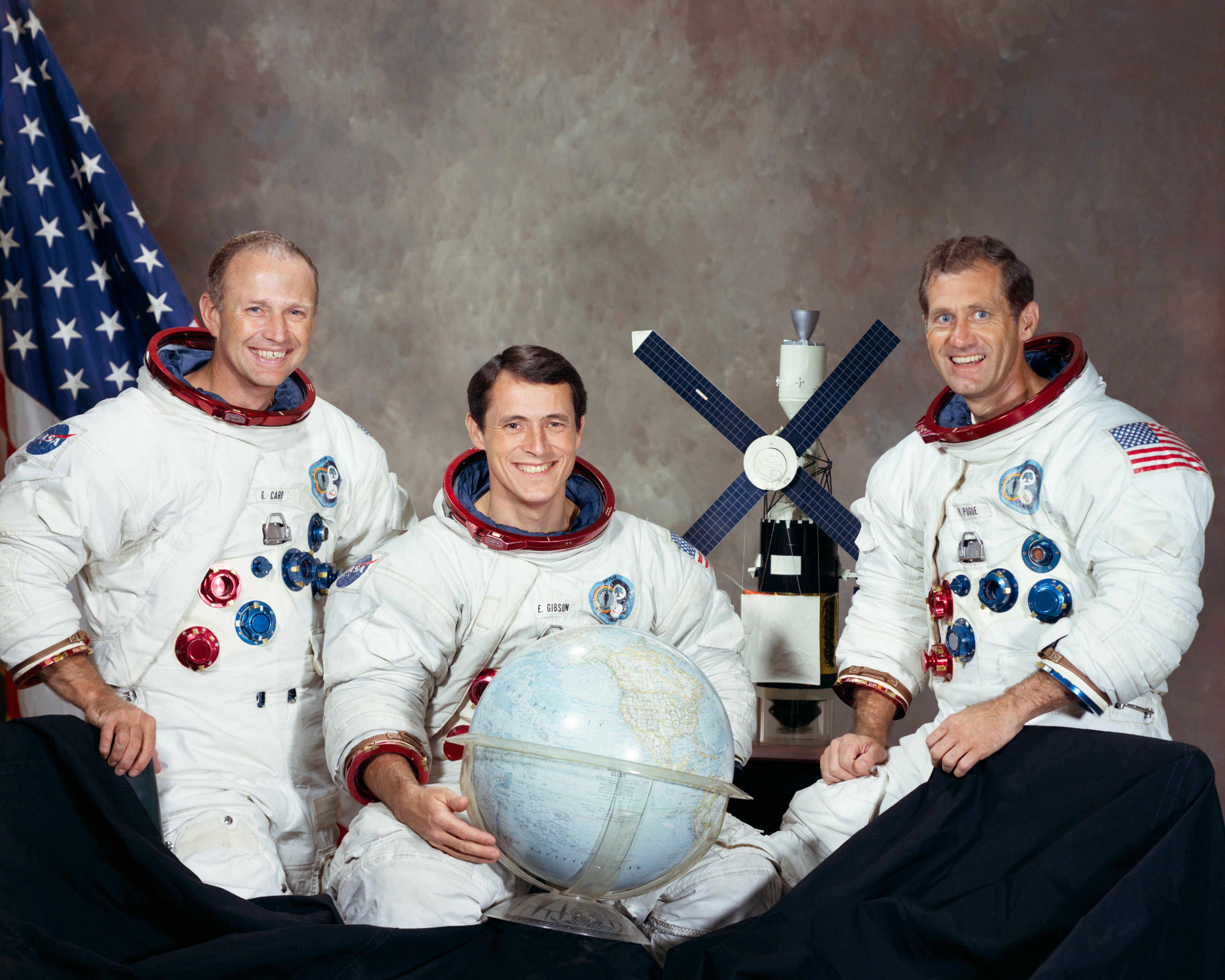 Photo of the Skylab 4 crew of Gerald P. Carr, Edward G. Gibson, and William R. Pogue