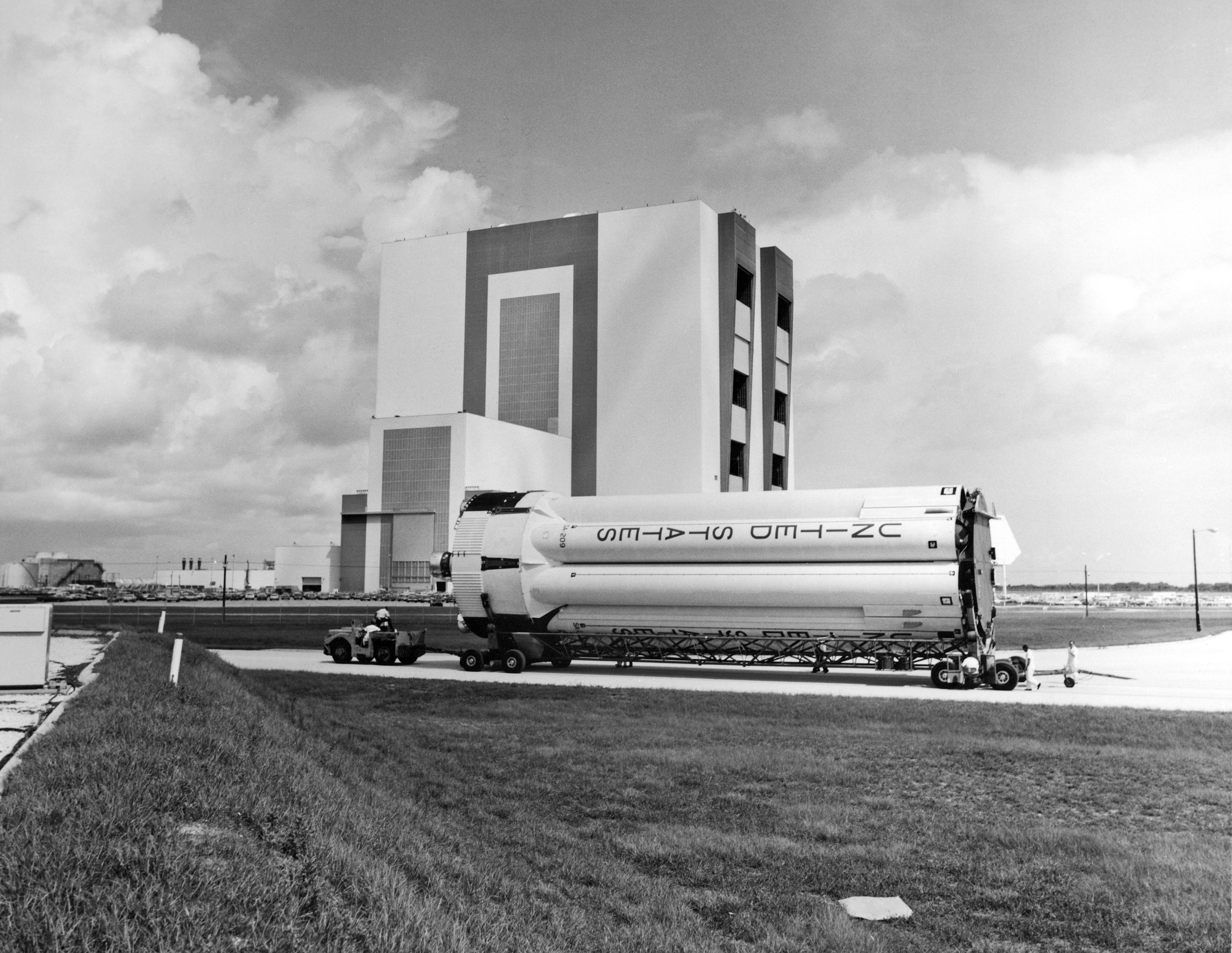 Breaking News The S-IB first stage for Saturn-IB SA-209, the Skylab 4 rescue mission, arrives on the Vehicle Meeting Constructing (VAB) at NASA’s Kennedy Condominium Center