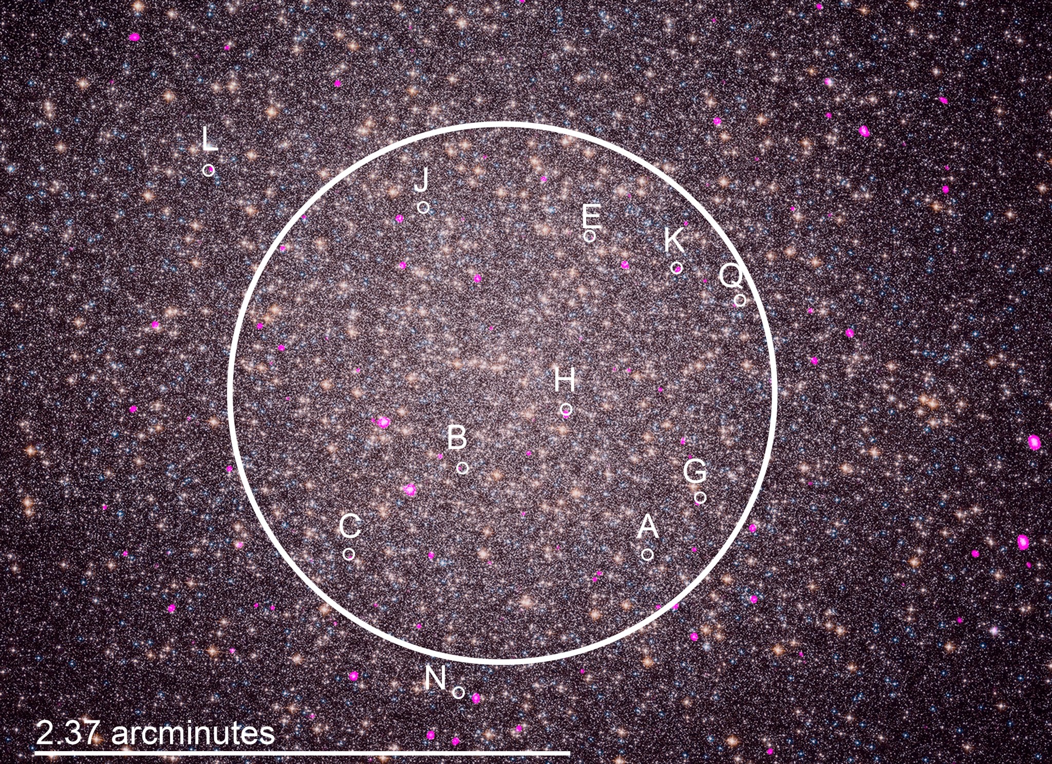A close-up image of Omega Centauri, in X-ray & optical light, shows the locations of some of the spider pulsars. Spider pulsars are a special class of millisecond pulsars, and get their name for the damage they inflict on small companion stars in orbit around them.
