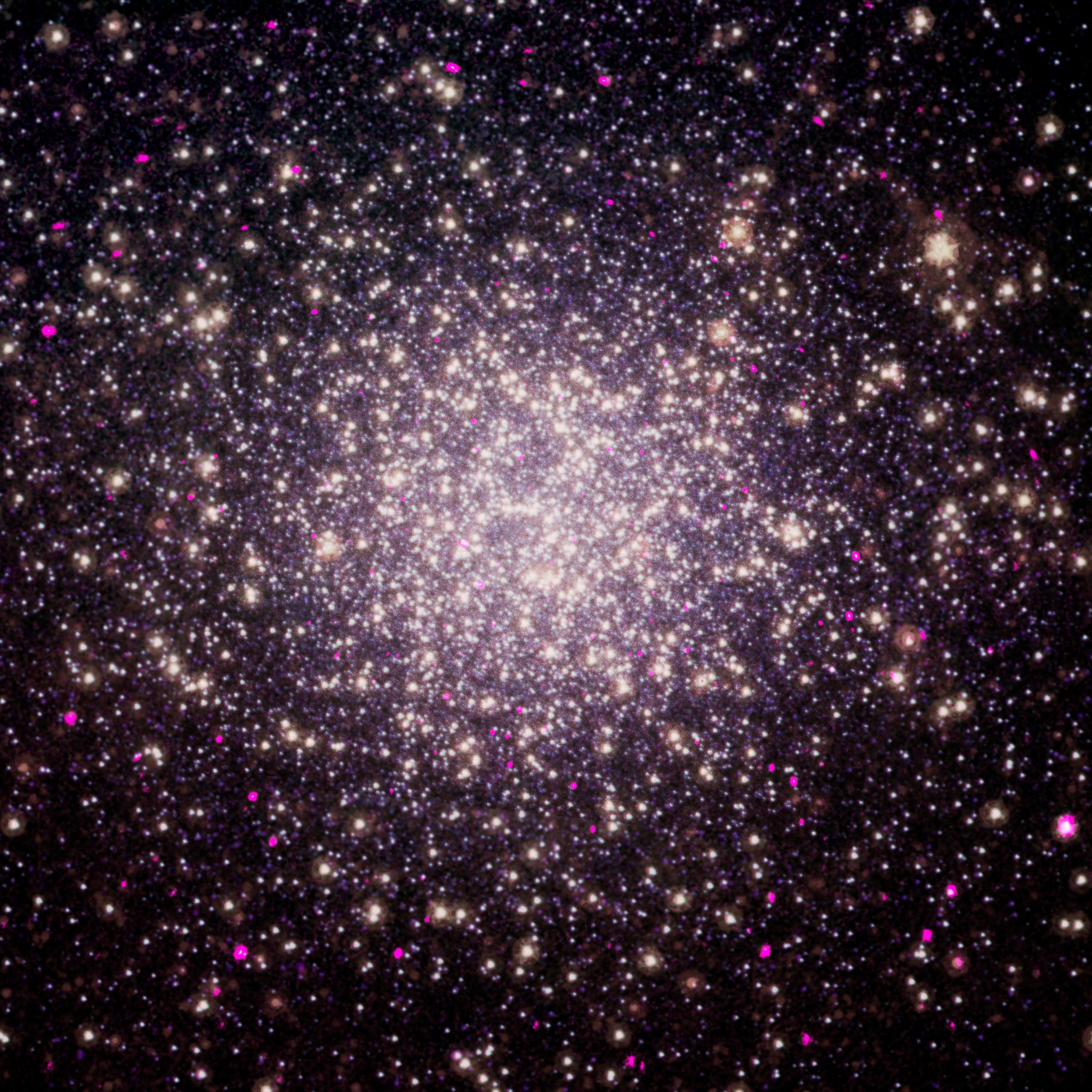 A cluster brimming with millions of stars glistens like an iridescent opal in this image from NASA's Spitzer Space Telescope. Called Omega Centauri, the sparkling orb of stars is like a miniature galaxy. It is the biggest and brightest of the 150 or so similar objects, called globular clusters, that orbit around the outside of our Milky Way galaxy. Stargazers at southern latitudes can spot the stellar gem with the naked eye in the constellation Centaurus. Globular clusters are some of the oldest objects in our universe. Their stars are over 12 billion years old, and, in most cases, formed all at once when the universe was just a toddler. Omega Centauri is unusual in that its stars are of different ages and possess varying levels of metals, or elements heavier than boron. Astronomers say this points to a different origin for Omega Centauri than other globular clusters: they think it might be the core of a dwarf galaxy that was ripped apart and absorbed by our Milky Way long ago. In this new view of Omega Centauri, Spitzer's infrared observations have been combined with visible-light data from the National Science Foundation's Blanco 4-meter telescope at Cerro Tololo Inter-American Observatory in Chile. Visible-light data with a wavelength of .55 microns is colored blue, 3.6-micron infrared light captured by Spitzer's infrared array camera is colored green and 24-micron infrared light taken by Spitzer's multiband imaging photometer is colored red. Where green and red overlap, the color yellow appears. Thus, the yellow and red dots are stars revealed by Spitzer. These stars, called red giants, are more evolved, larger and dustier. The stars that appear blue were spotted in both visible and 3.6-micron-, or near-, infrared light. They are less evolved, like our own sun. Some of the red spots in the picture are distant galaxies beyond our own.