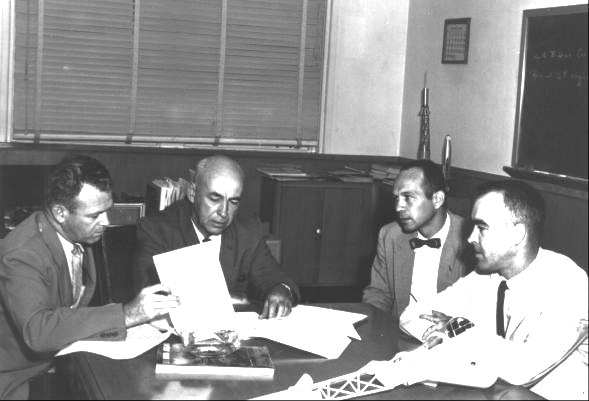 Space Task Group leaders Charles J. Donlan, left, Robert R. Gilruth, Maxime “Max” A. Faget, and Robert O. Piland at NASA’s Langley Research Center in Hampton, Virginia