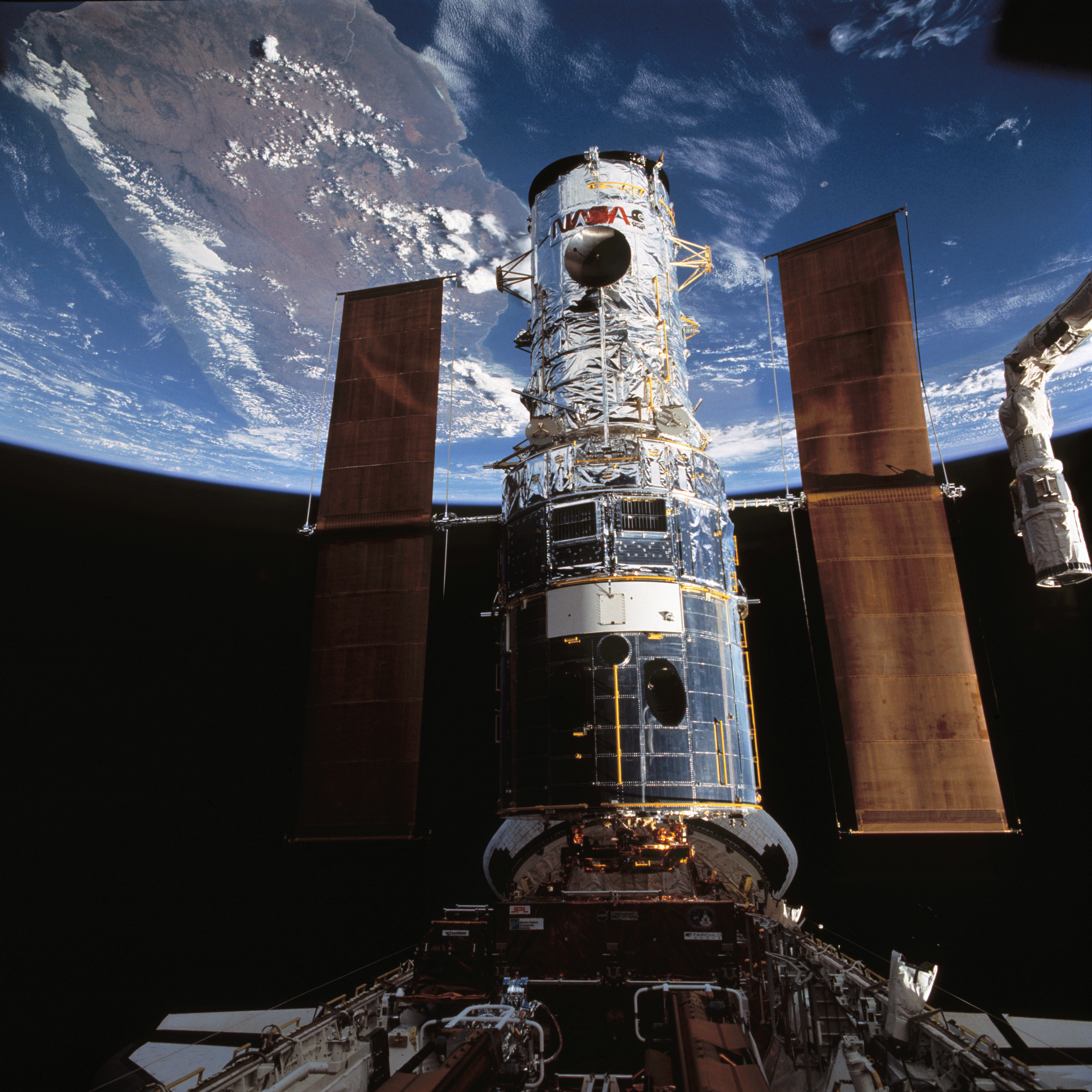 Hubble secured onto its flight support structure in Endeavour’s payload bay