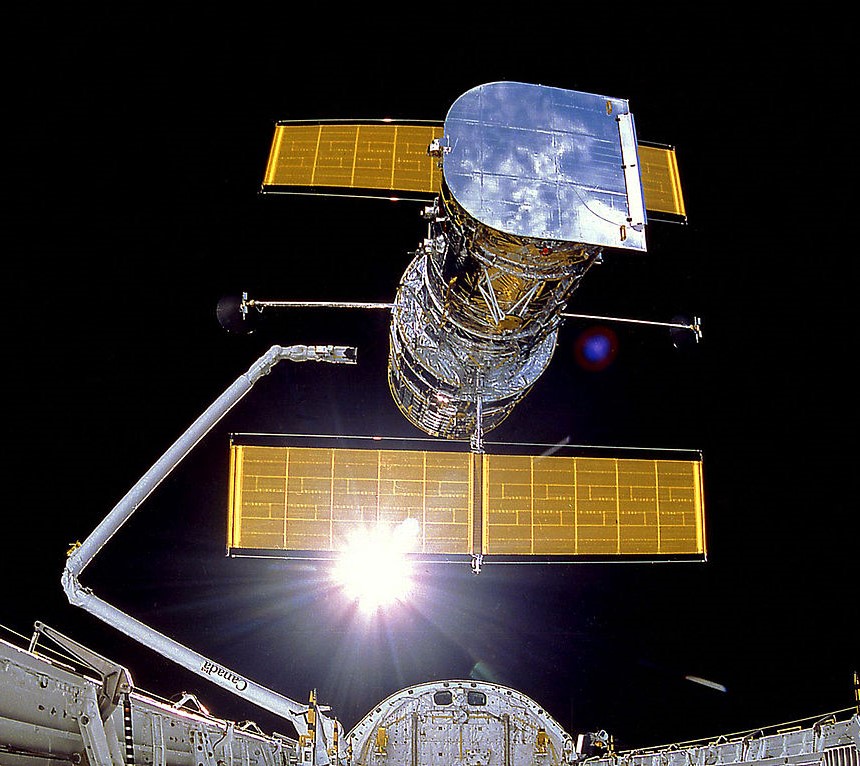Astronauts release the Hubble Space Telescope in April 1990 during the STS-31 mission