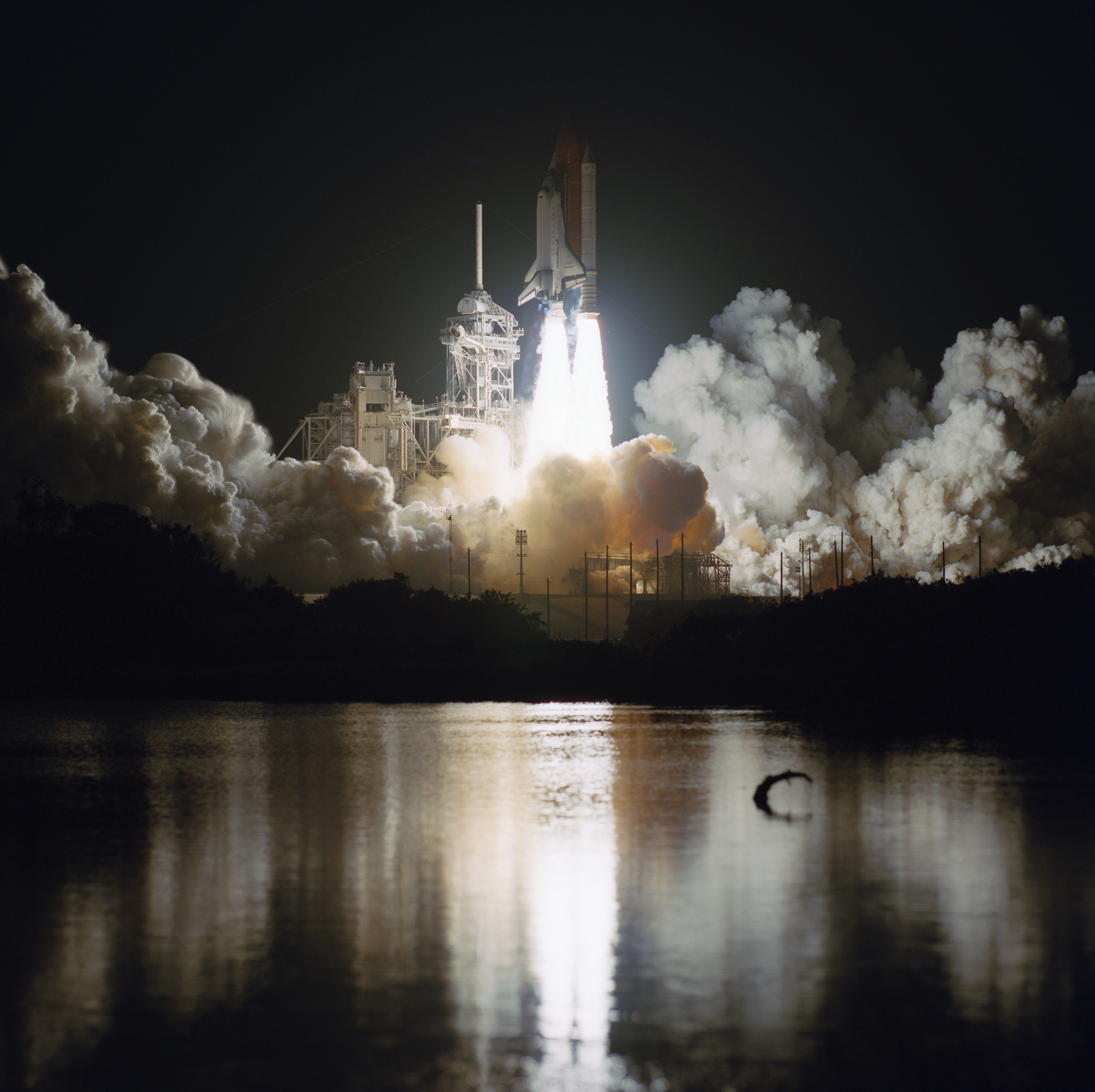 Liftoff of space shuttle Endeavour on the STS-61 mission to repair the Hubble Space Telescope