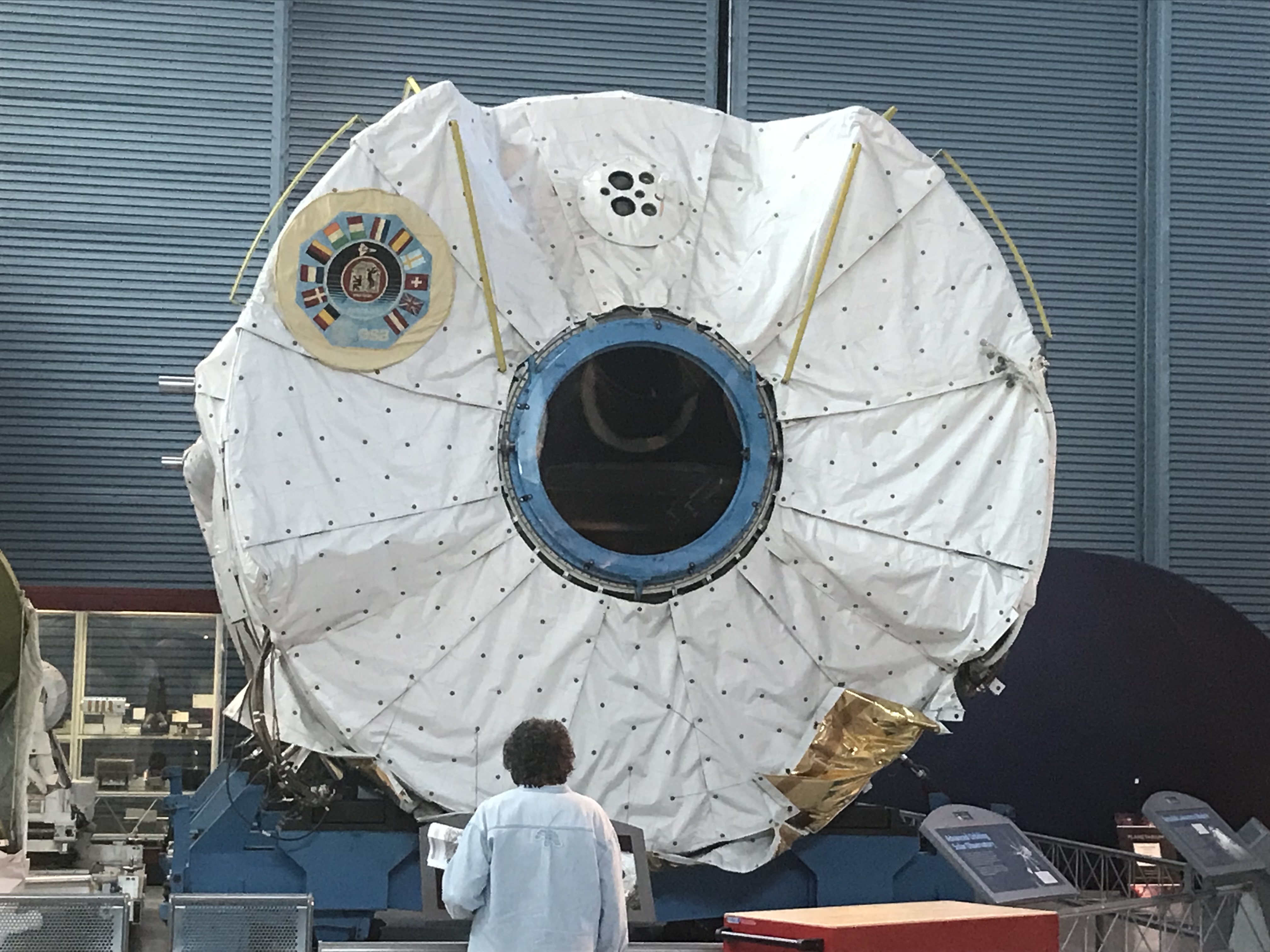 The Spacelab long module that flew on STS-9 and eight other missions on display at the Stephen F. Udvar-Hazy Center of the Smithsonian Institution’s National Air and Space Museum in Chantilly, Virginia