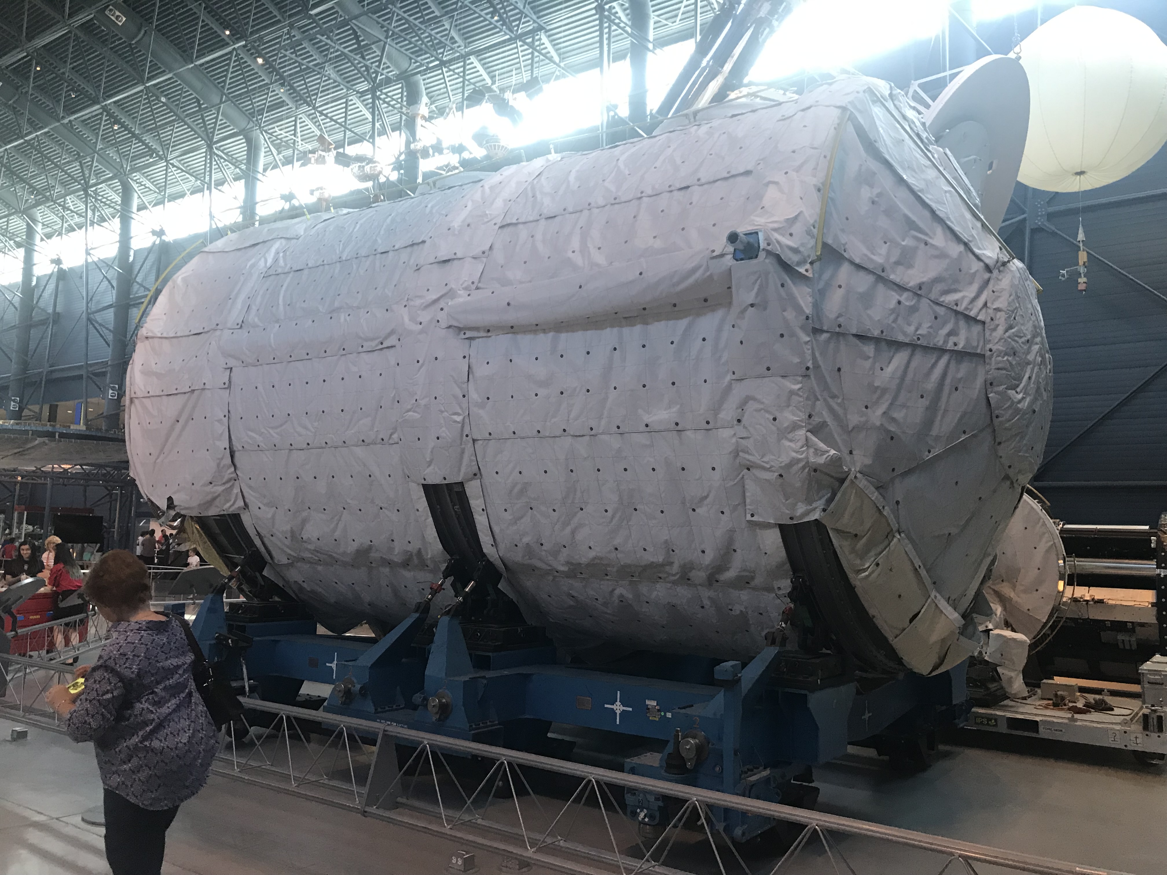 The Spacelab long module that flew on STS-9 and eight other missions on display at the Stephen F. Udvar-Hazy Center of the Smithsonian Institution’s National Air and Space Museum in Chantilly, Virginia