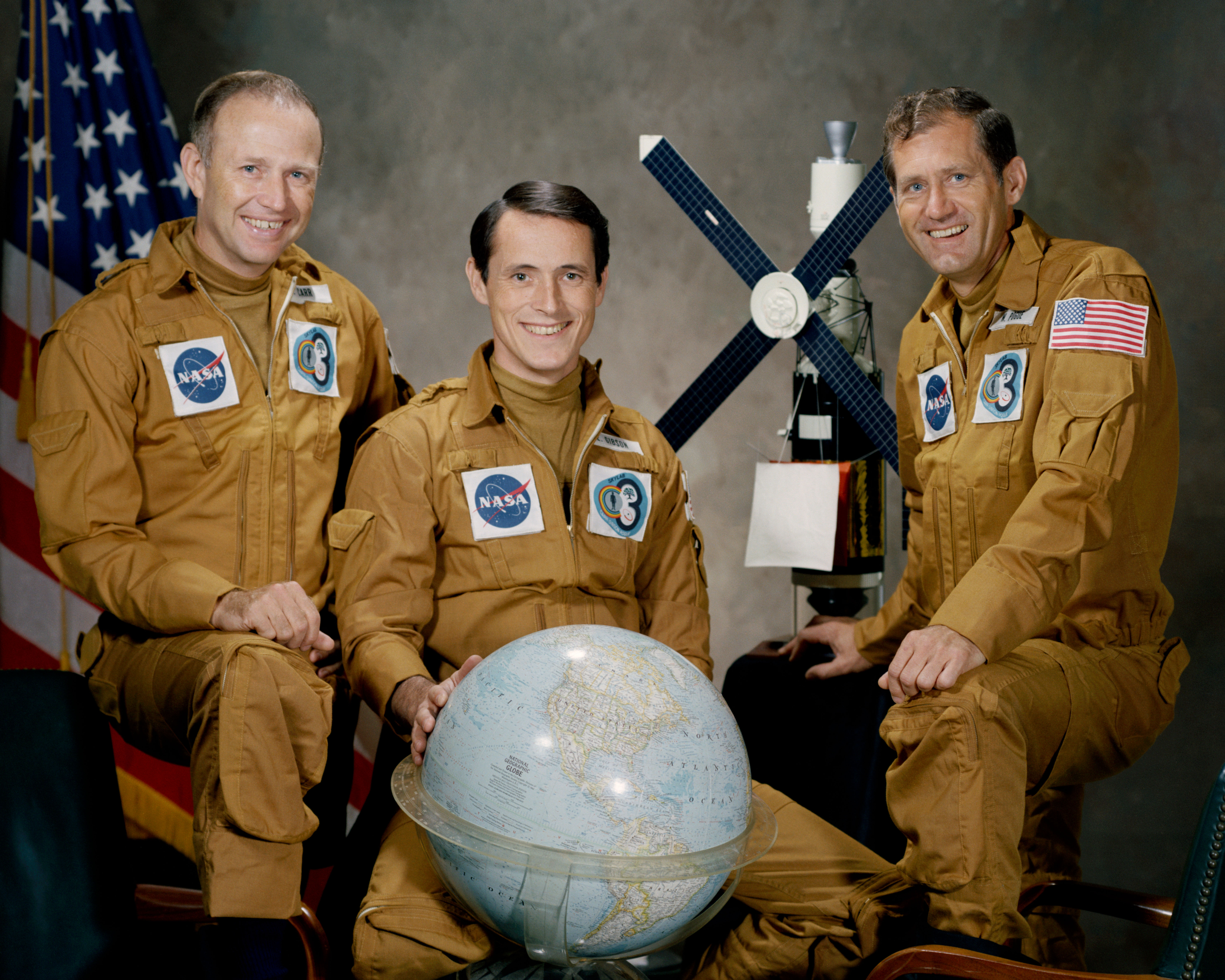 Skylab 4 astronauts Gerald P. Carr, Edward G. Gibson, and William R. Pogue