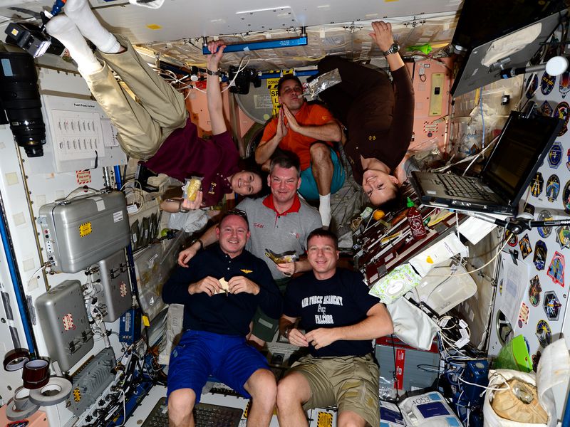 Expedition 42 crew members Wilmore, left, Samantha Cristoforetti of the European Space Agency, Aleksandr M. Samokutyayev and Anton N. Shkaplerov of Roscosmos, NASA astronaut Terry W. Virts, and Elena O. Serova of Roscosmos enjoy the Thanksgiving Day dinner