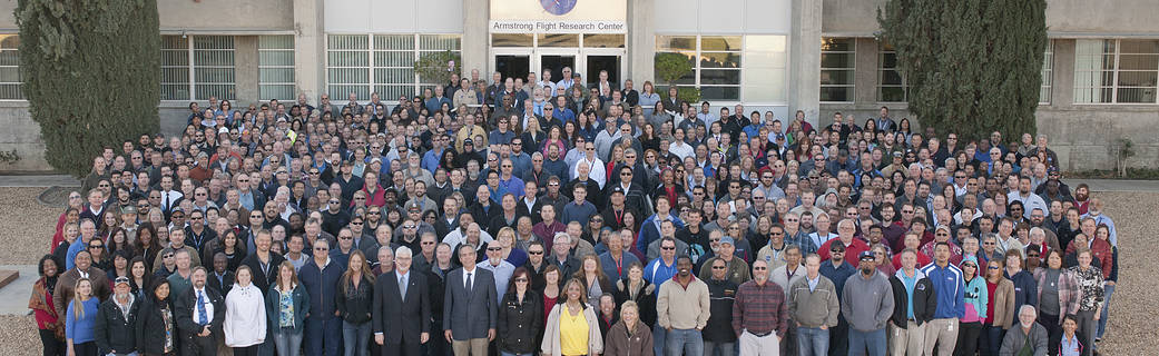 Workforce development banner photo of a group photo outside of Armstrong Flight Research Center