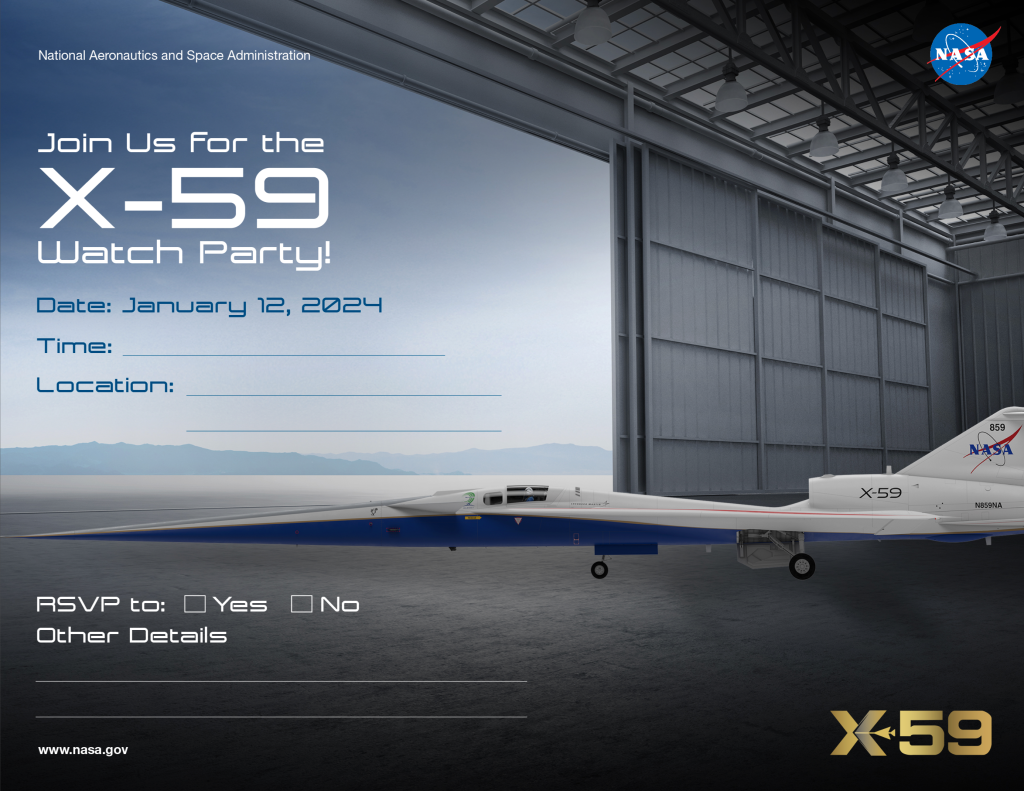 X-59 Watch Party Invitation, showing an artist illustration of the X-59 coming out of a hangar.